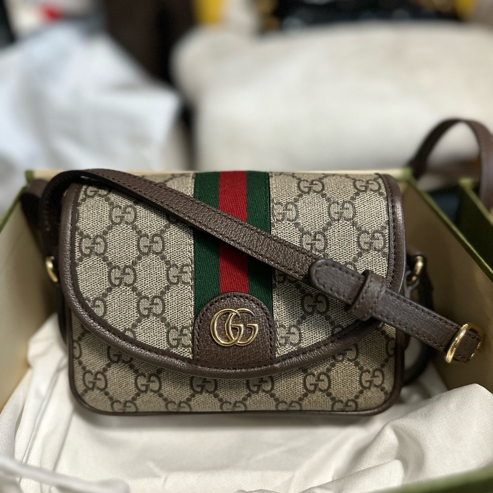 Gucci Beige and Brown Crossbody Bag with Green and Red Stripe